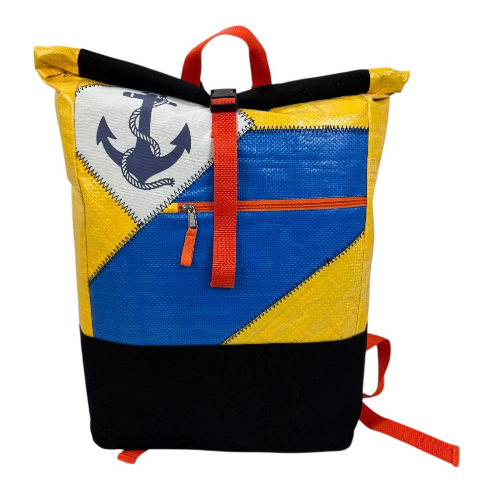 BEADBAGS Anker Rucksack – Blau-Gelb mit blauem Anker und weißem Patch – Produktfoto 1