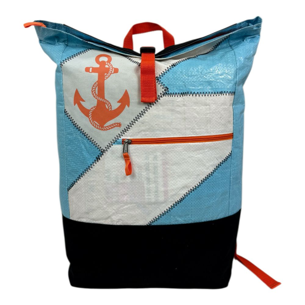 BEADBAGS Anker Rucksack – Hellblau mit orangem Anker und weißem Patch – Produktfoto 1
