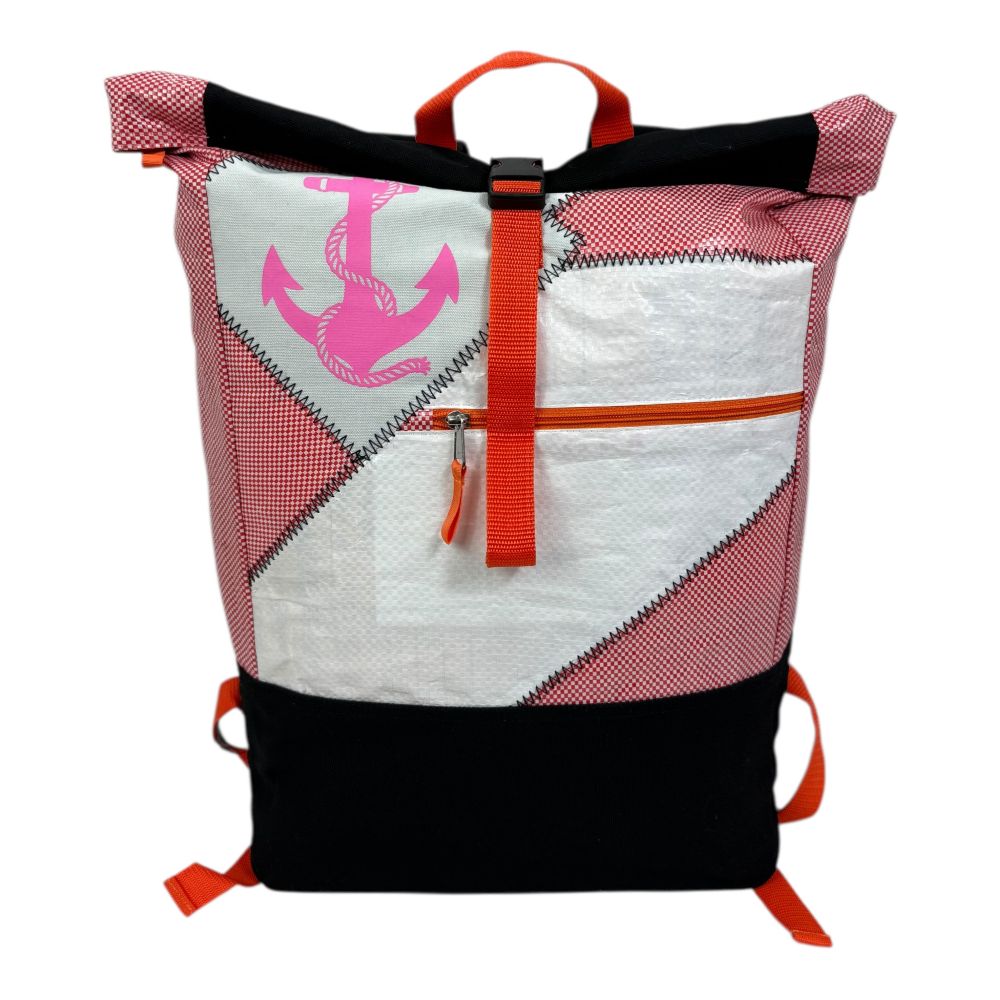 BEADBAGS Anker Rucksack – Rosa kariert, rosa Anker, weißer Patch – Produktansicht 1