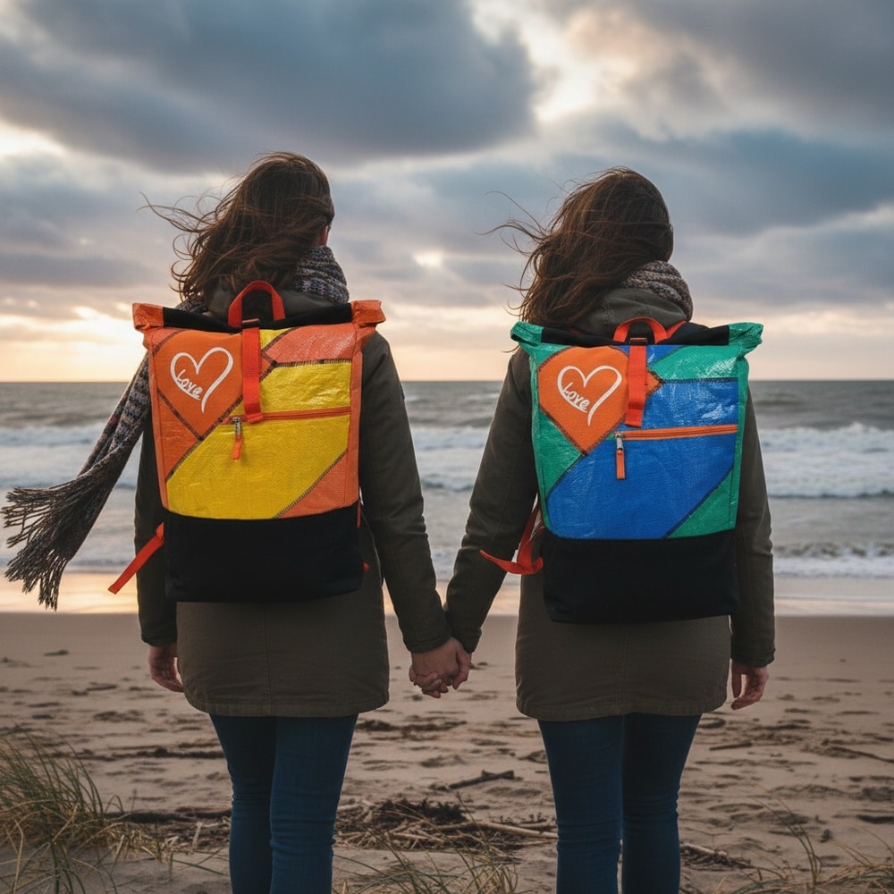 BEADBAGS Love Rucksack – Grün-Blau, weißes Herz, oranger Patch – Bild 8
