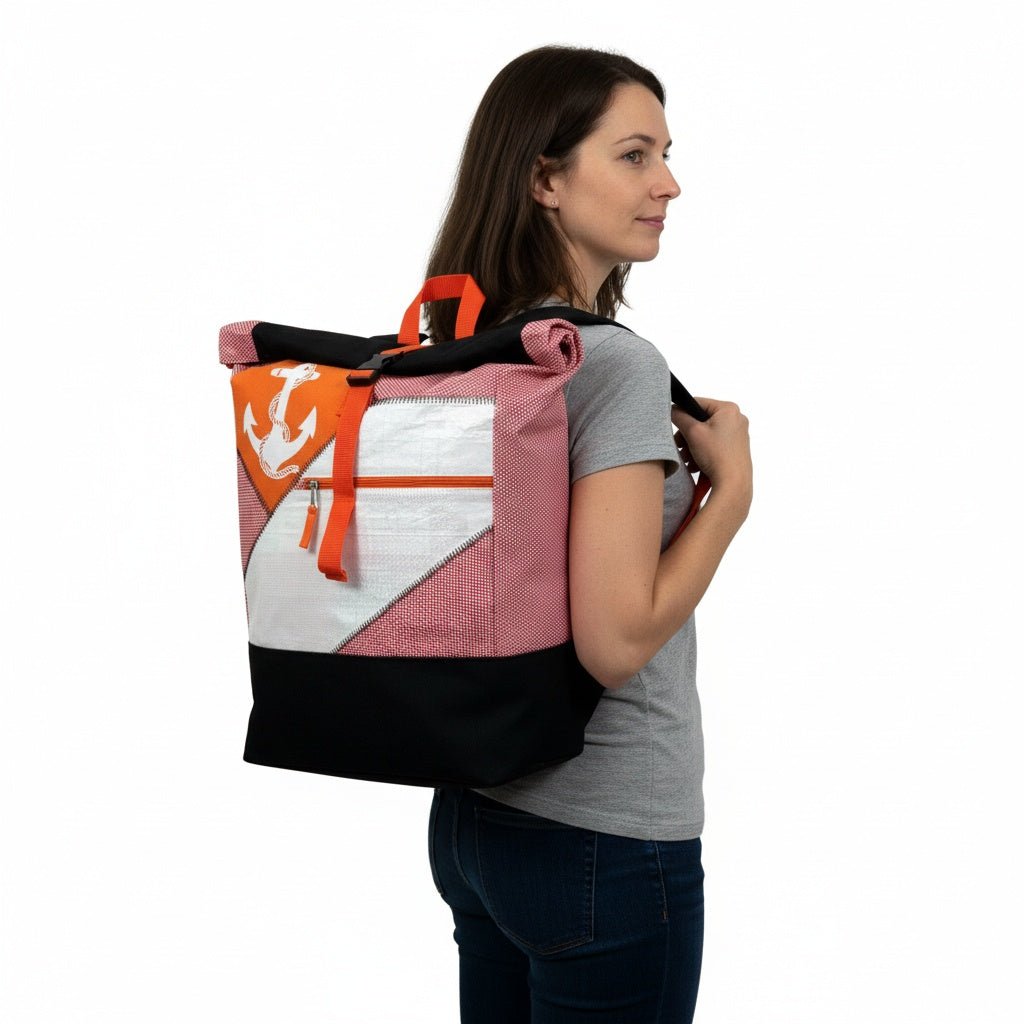 BEADBAGS Anker Rucksack – Rosa kariert, weißer Anker, oranger Patch – Bild 6