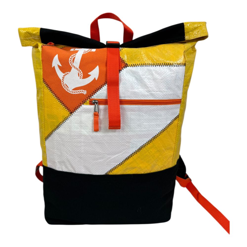 BEADBAGS Anker Rucksack – Gelb-Weiß, weißer Anker, oranger Patch – Produktansicht 1